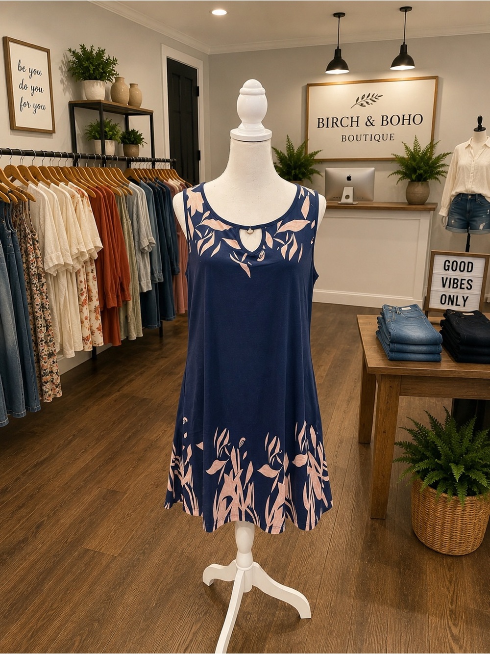 NWT ETCYY Blue Tan Floral Print Sleeveless Dress Large Keyhole Neck